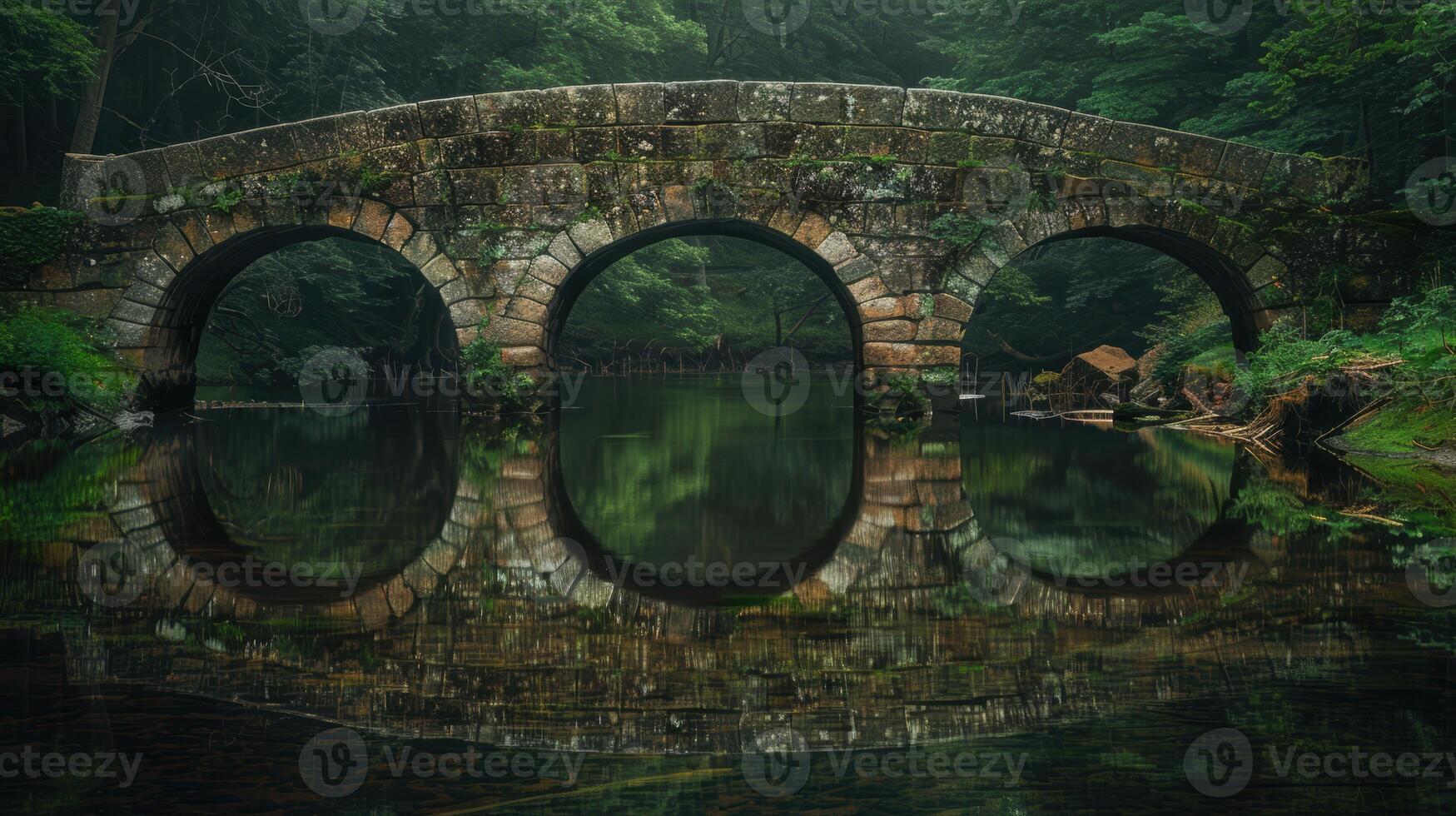 Enchanting stone bridge reflecting in serene forest lake photo