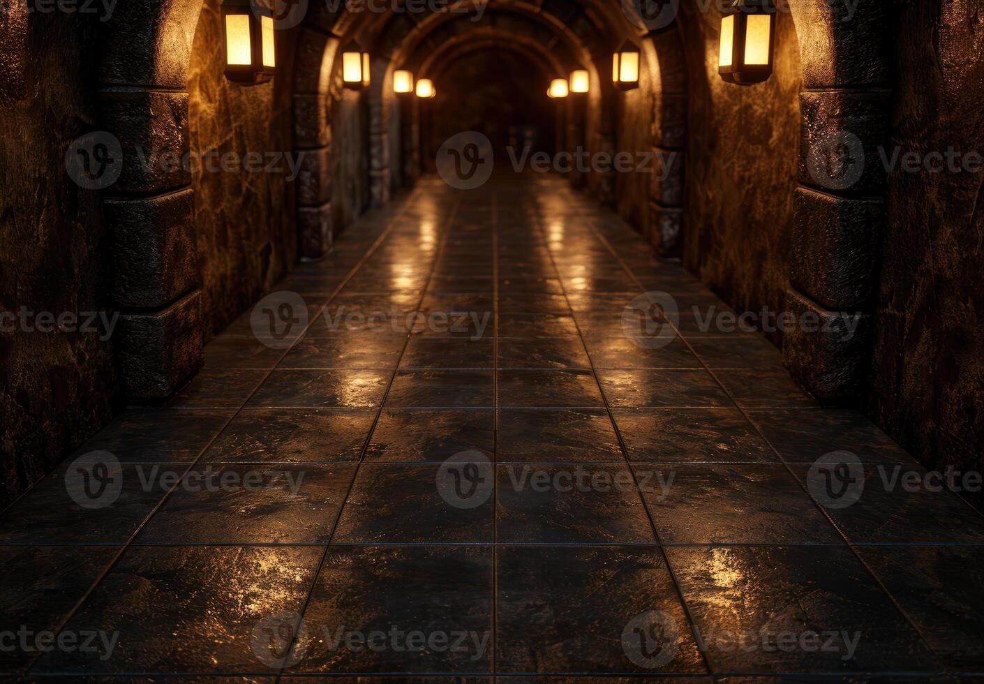 Mysterious dimly lit hallway with arched ceiling and lanterns photo