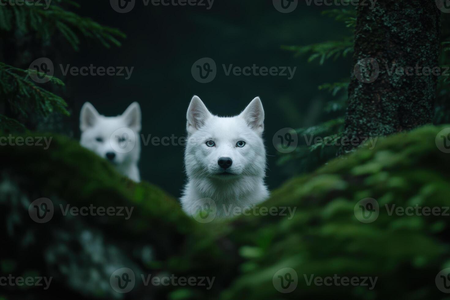 Pair of white wolves in a dark forest photo