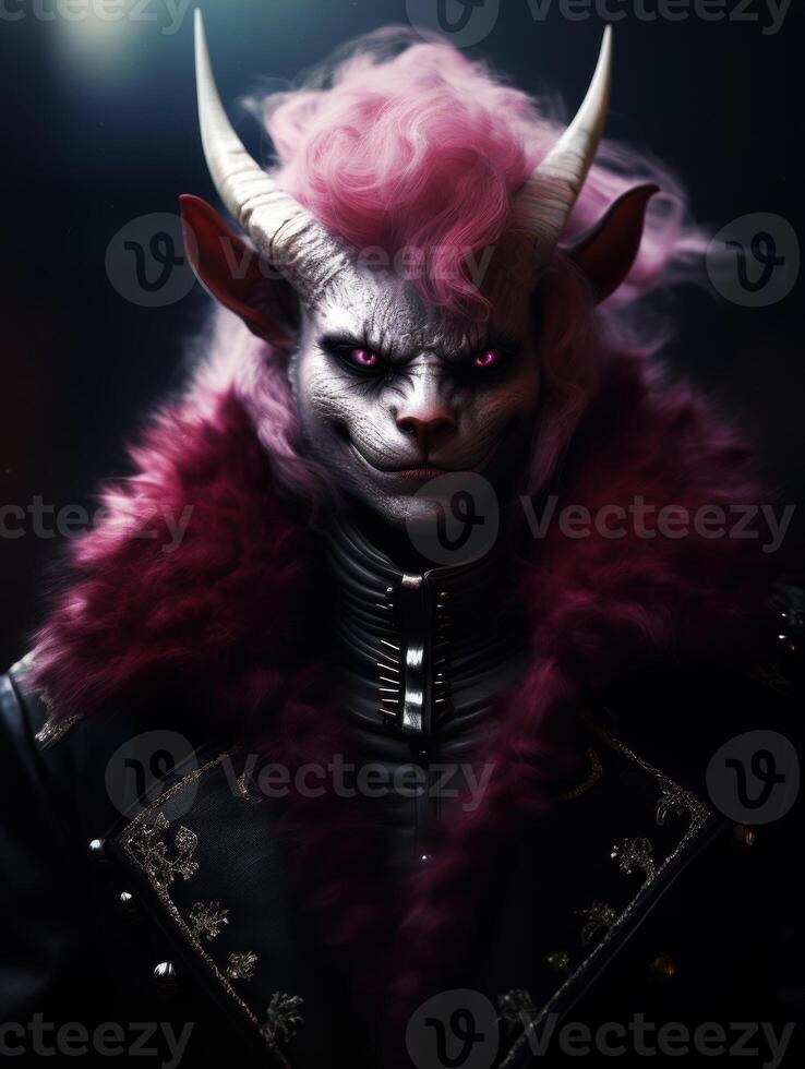 Demonic creature with pink hair and horns photo