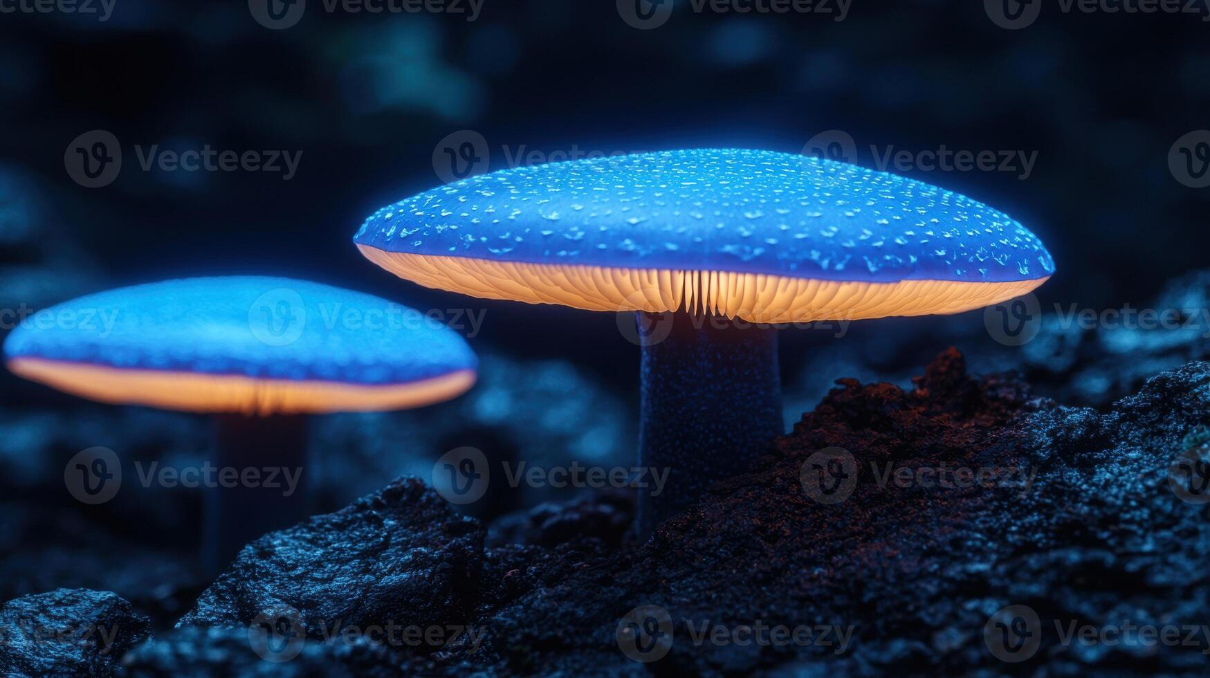 Glowing blue mushrooms in the dark forest photo