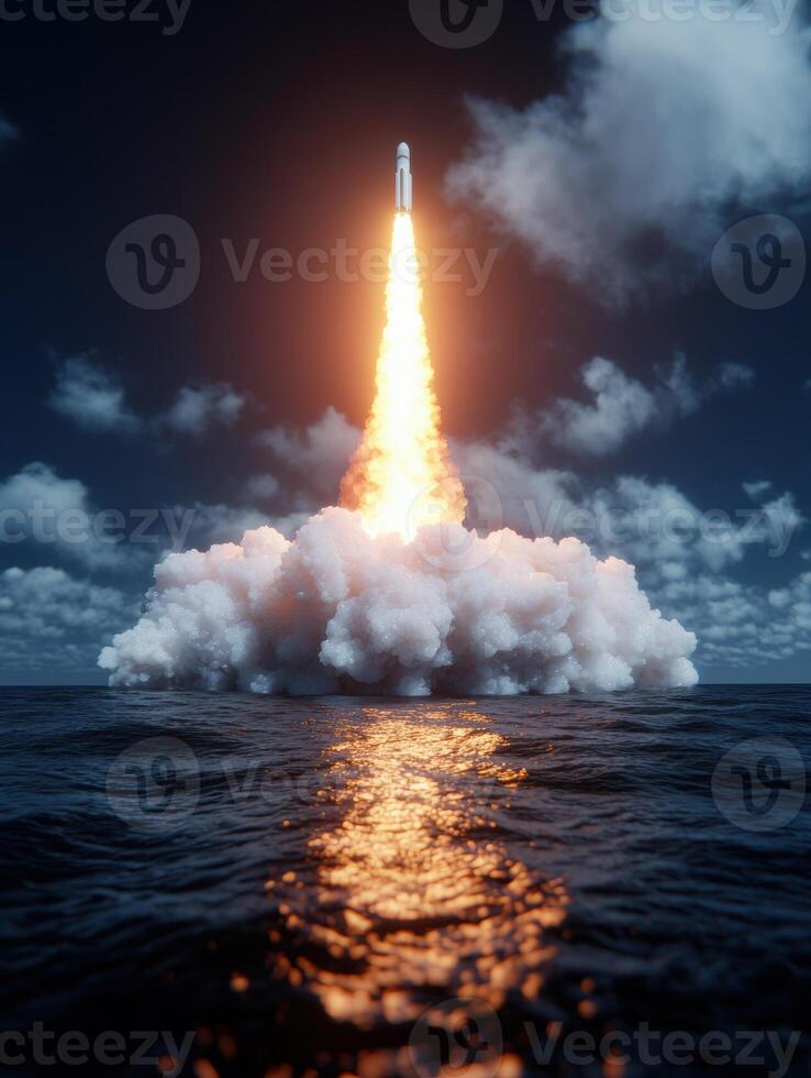 Powerful rocket launch over the ocean photo