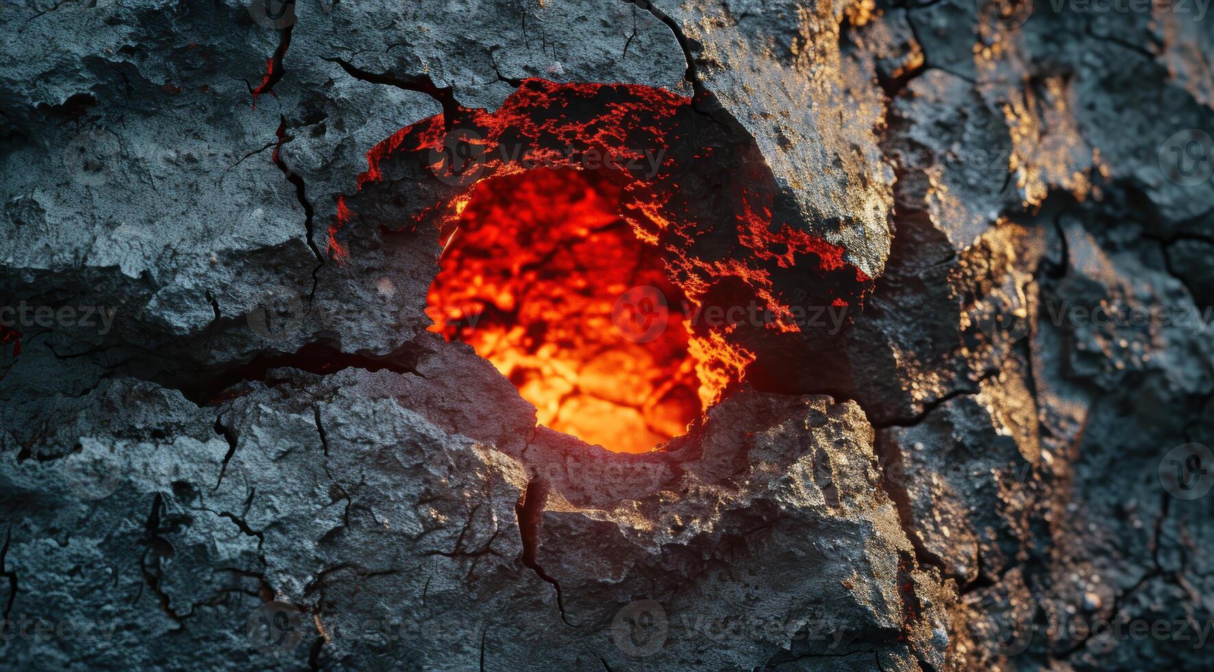 Glowing lava rock in a dark cave photo