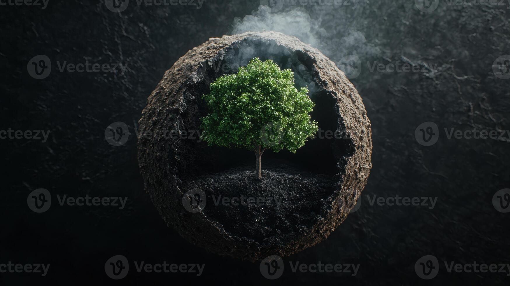 small tree growing inside a rocky sphere photo