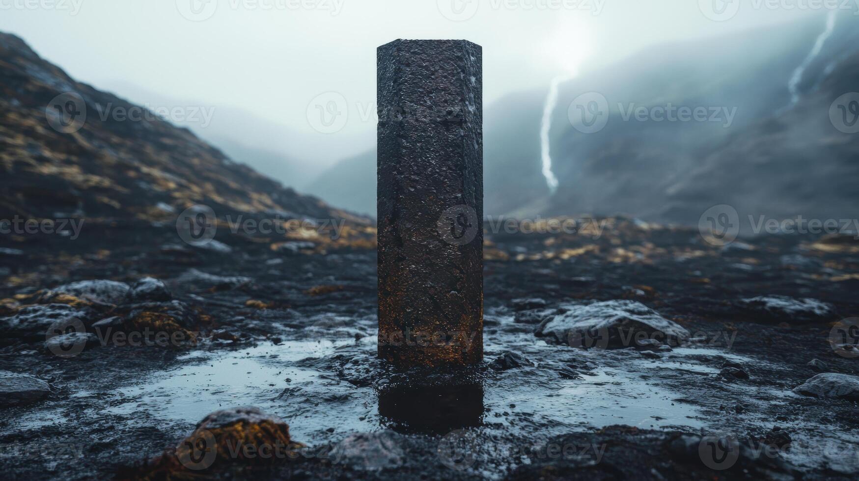 Mysterious monolith standing in remote, rugged landscape photo