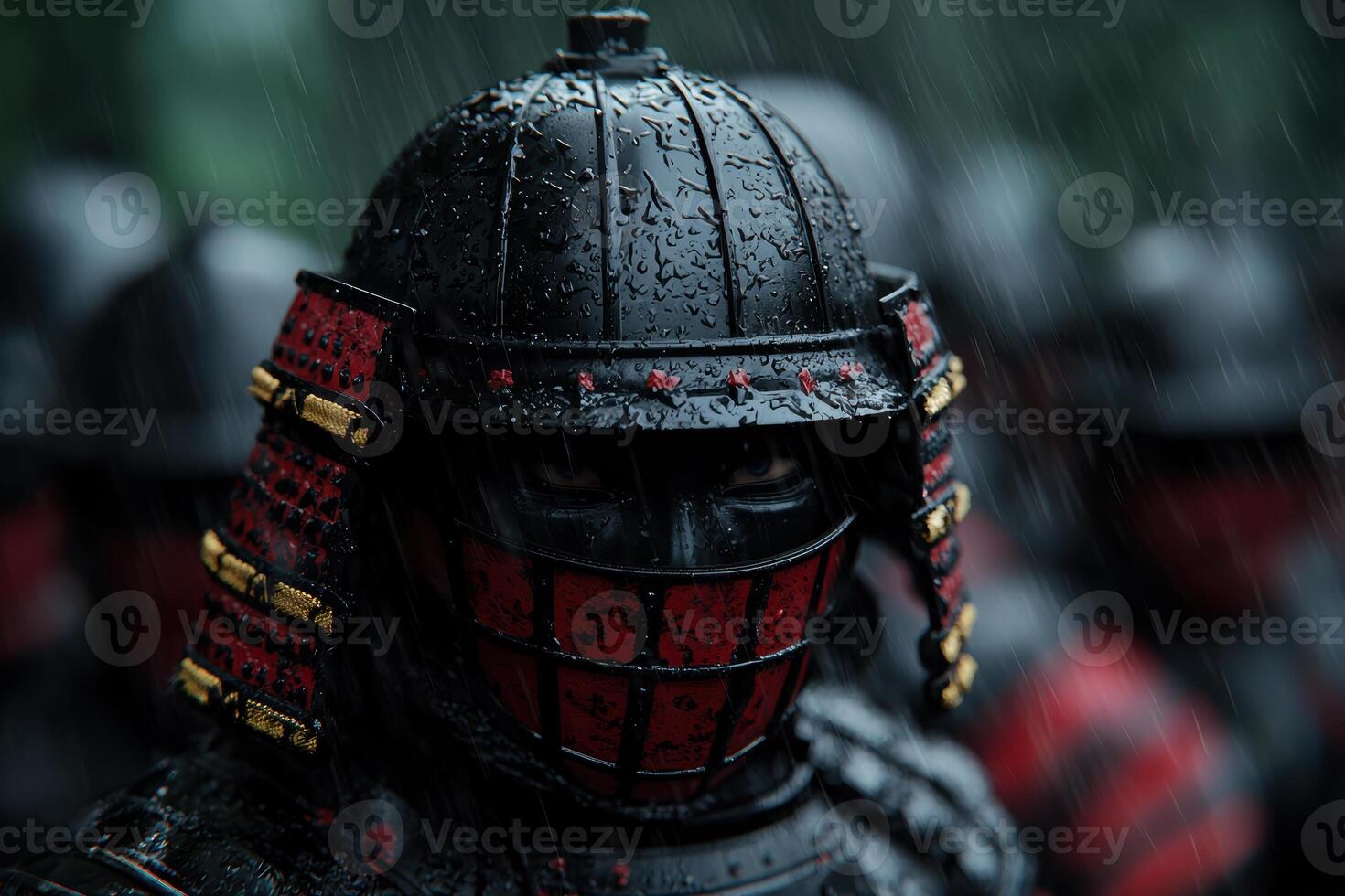Samurai warrior helmet in the rain photo