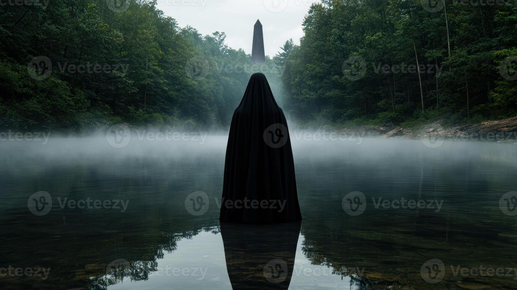 Mysterious figure in dark cloak standing on a misty lake photo