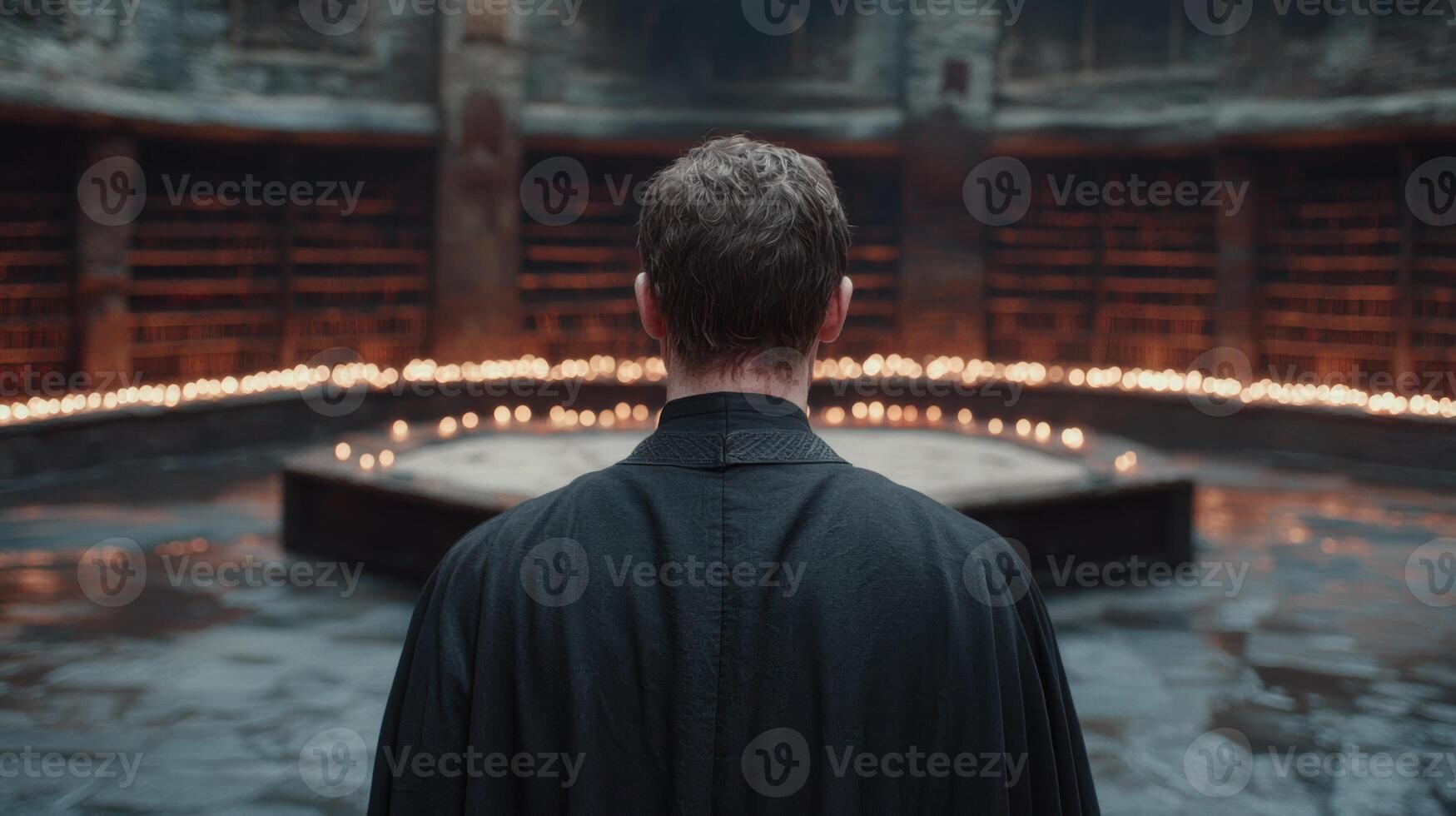 Mysterious figure in dark cloak stands before glowing lights photo