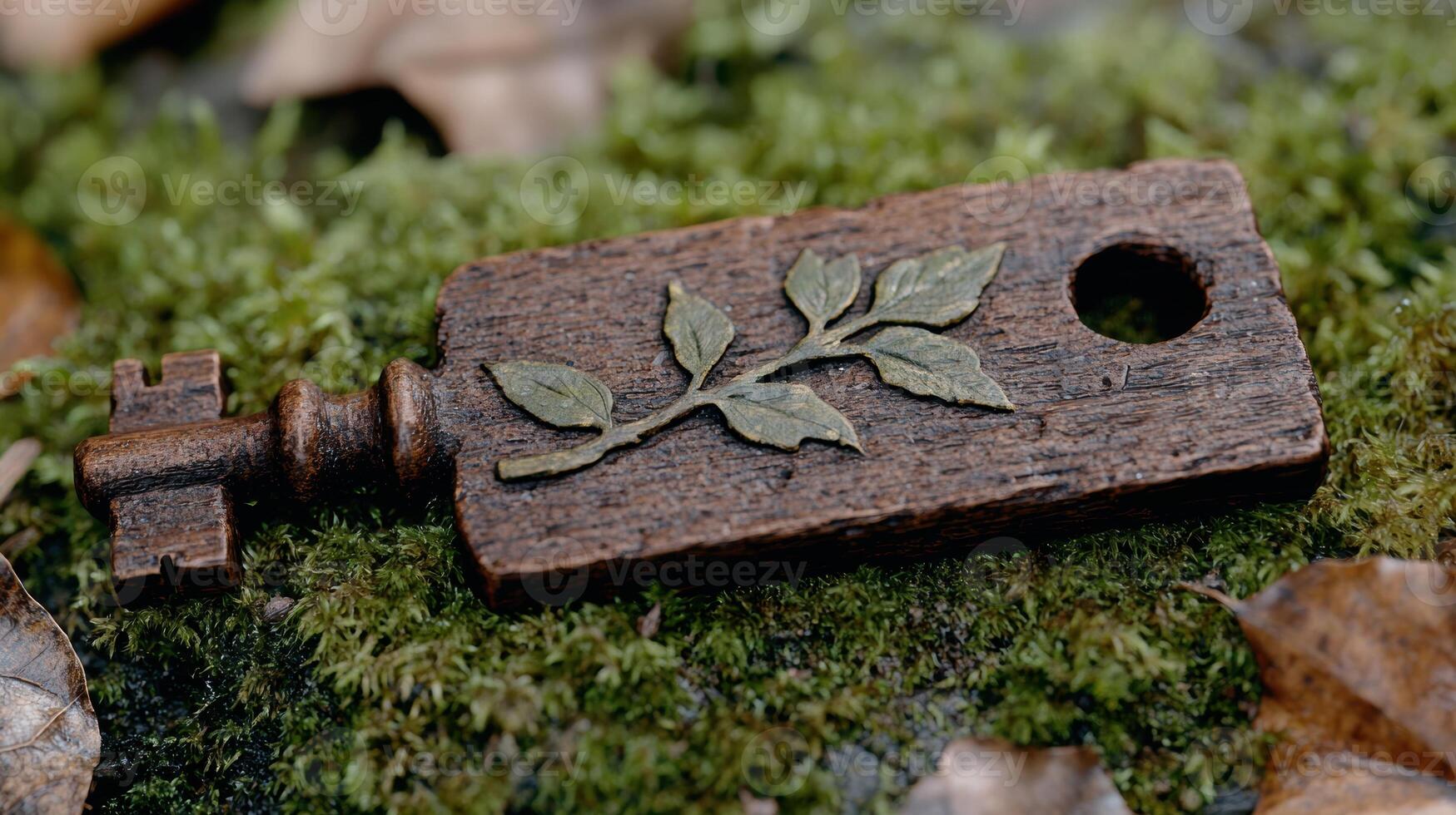 Wooden plaque with carved leaf design in moss covered forest photo