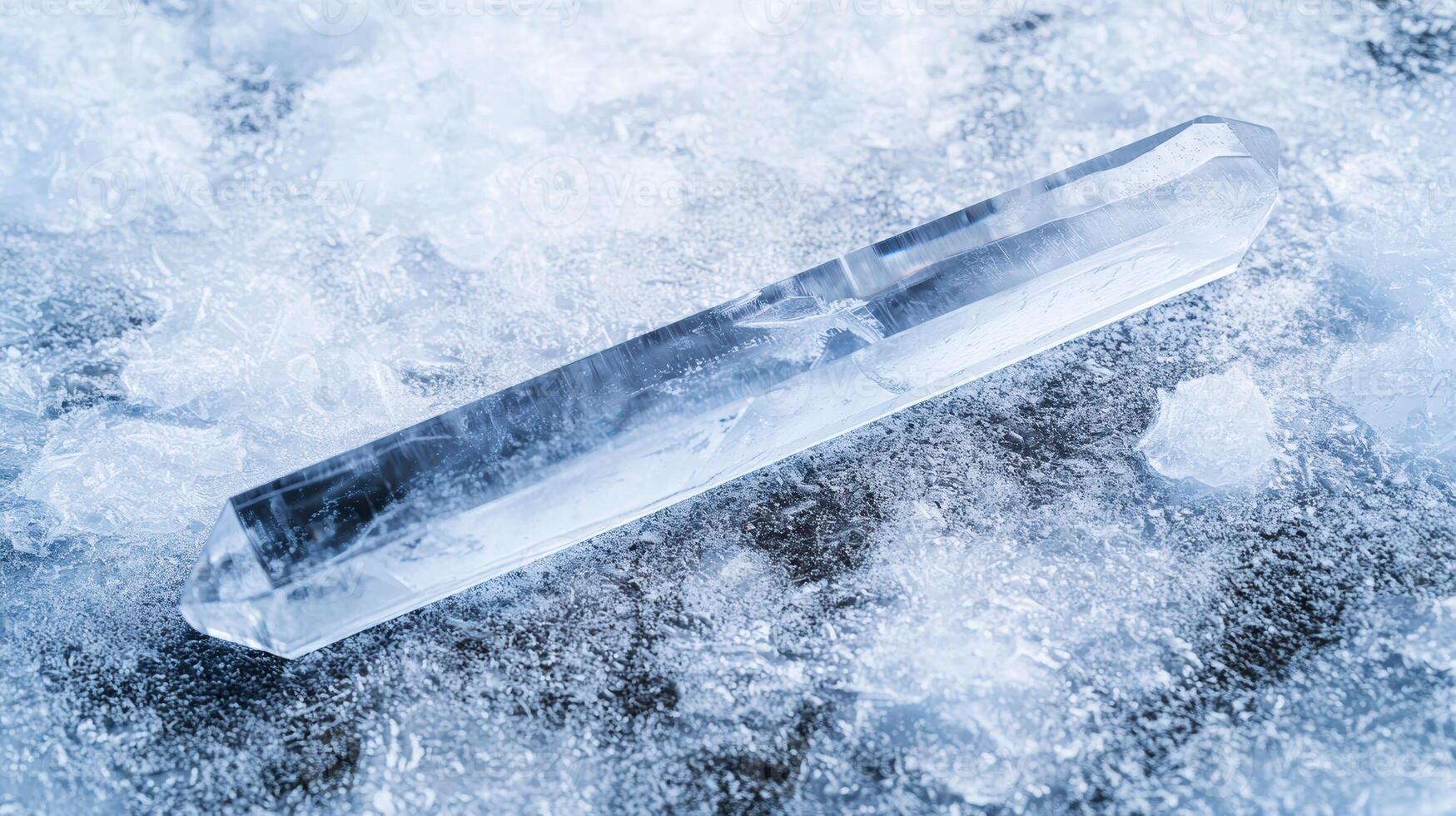 Frozen crystal clear ice shard in snowy winter landscape photo