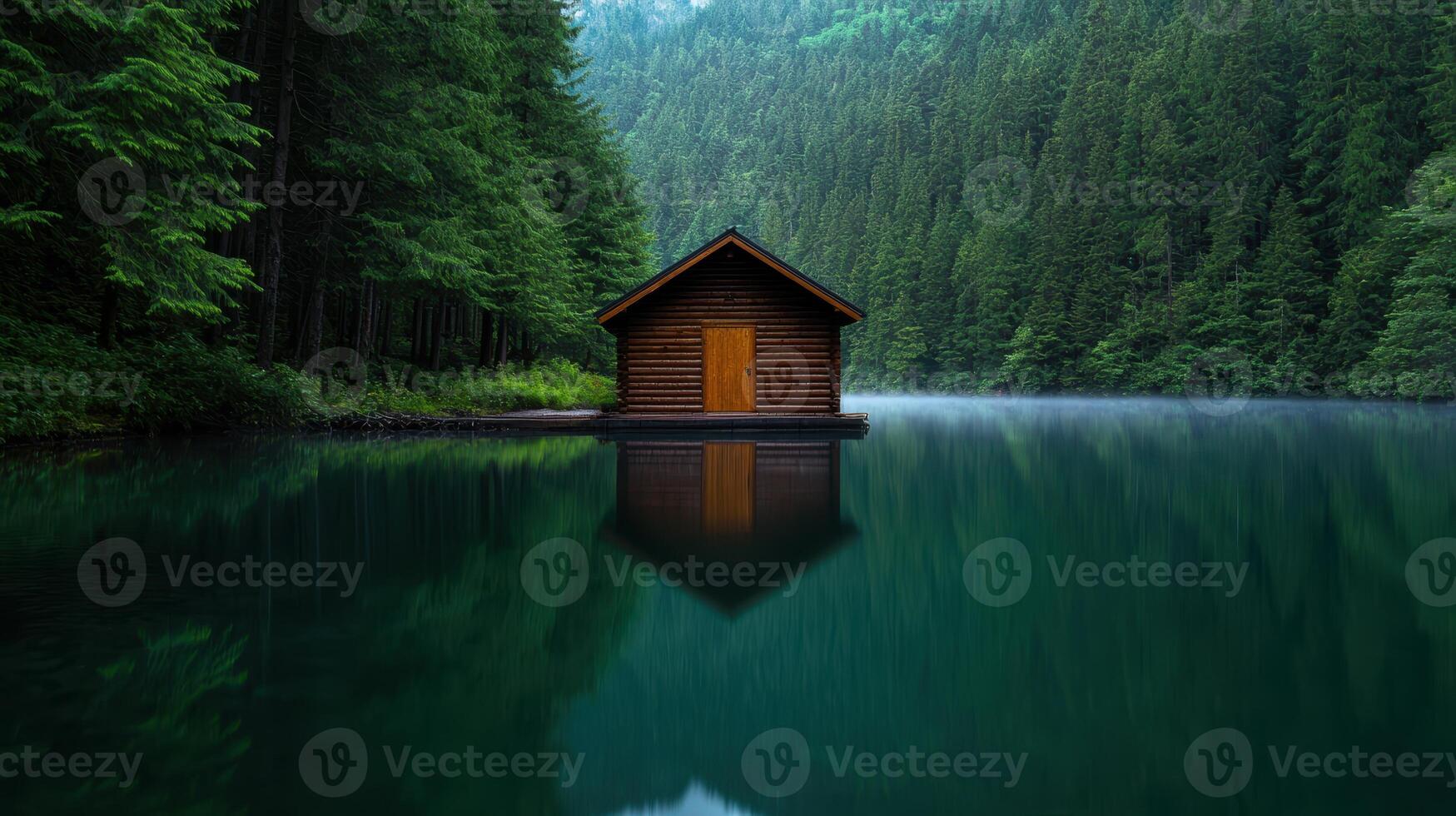 Serene wooden cabin reflected in tranquil forest lake photo