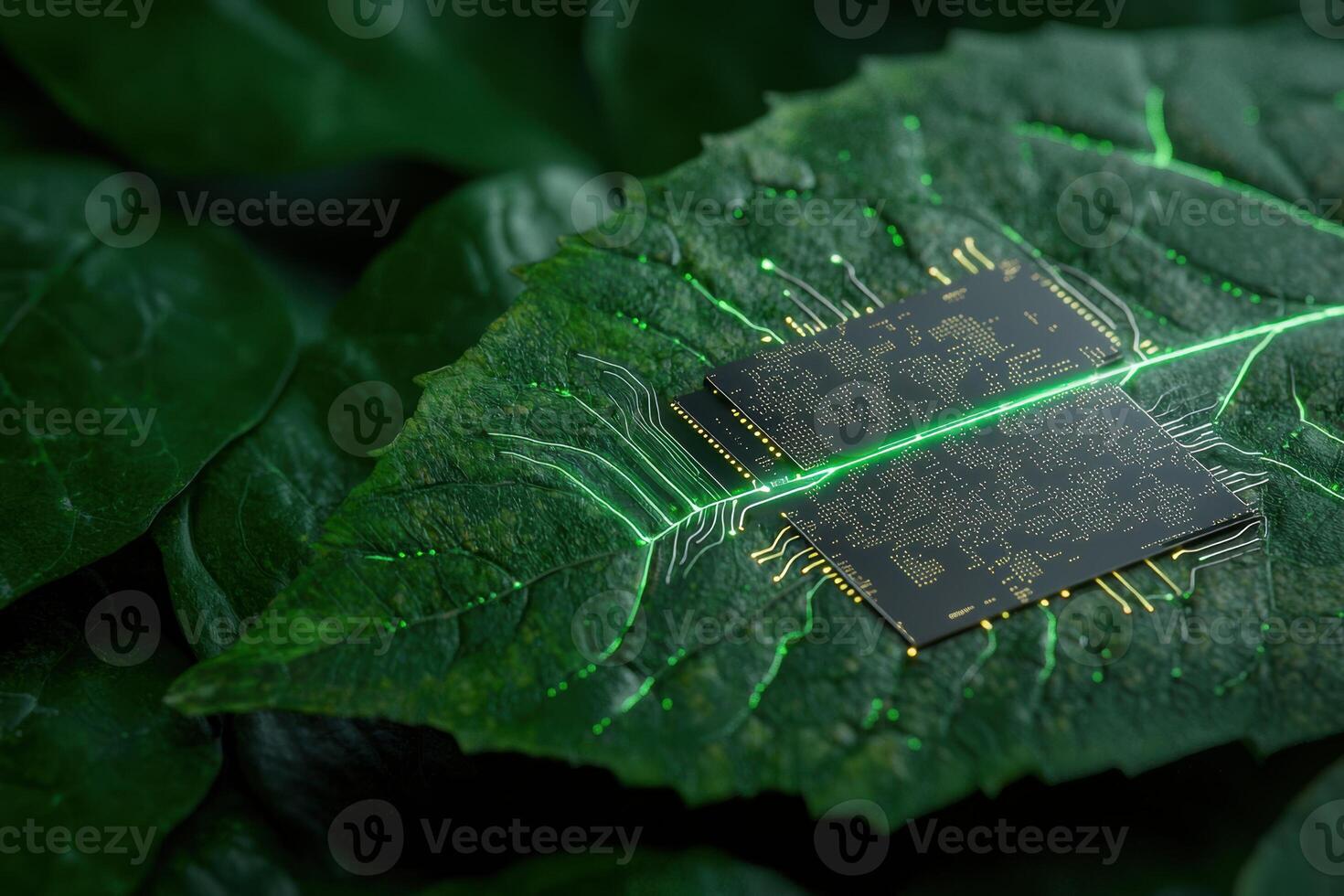 Futuristic circuit board on green leaf photo
