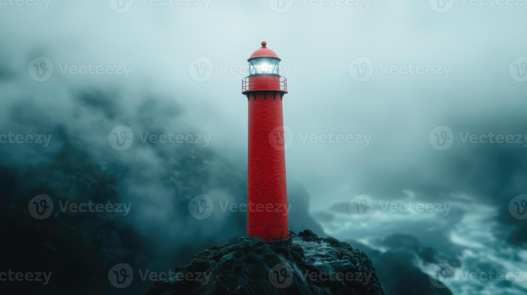 Vibrant red lighthouse standing tall against a stormy sea photo
