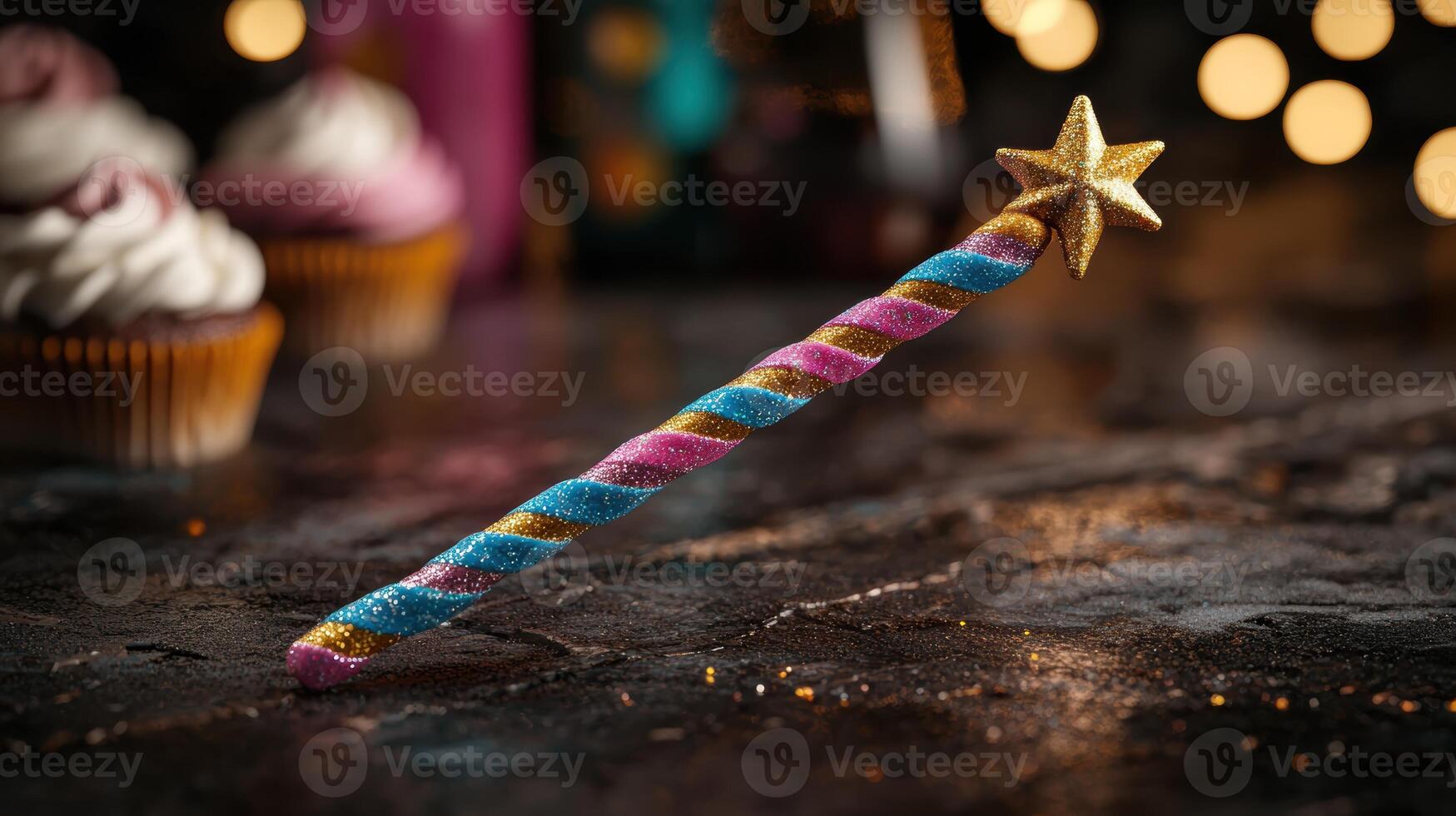Colorful magic wand with glitter and cupcakes photo