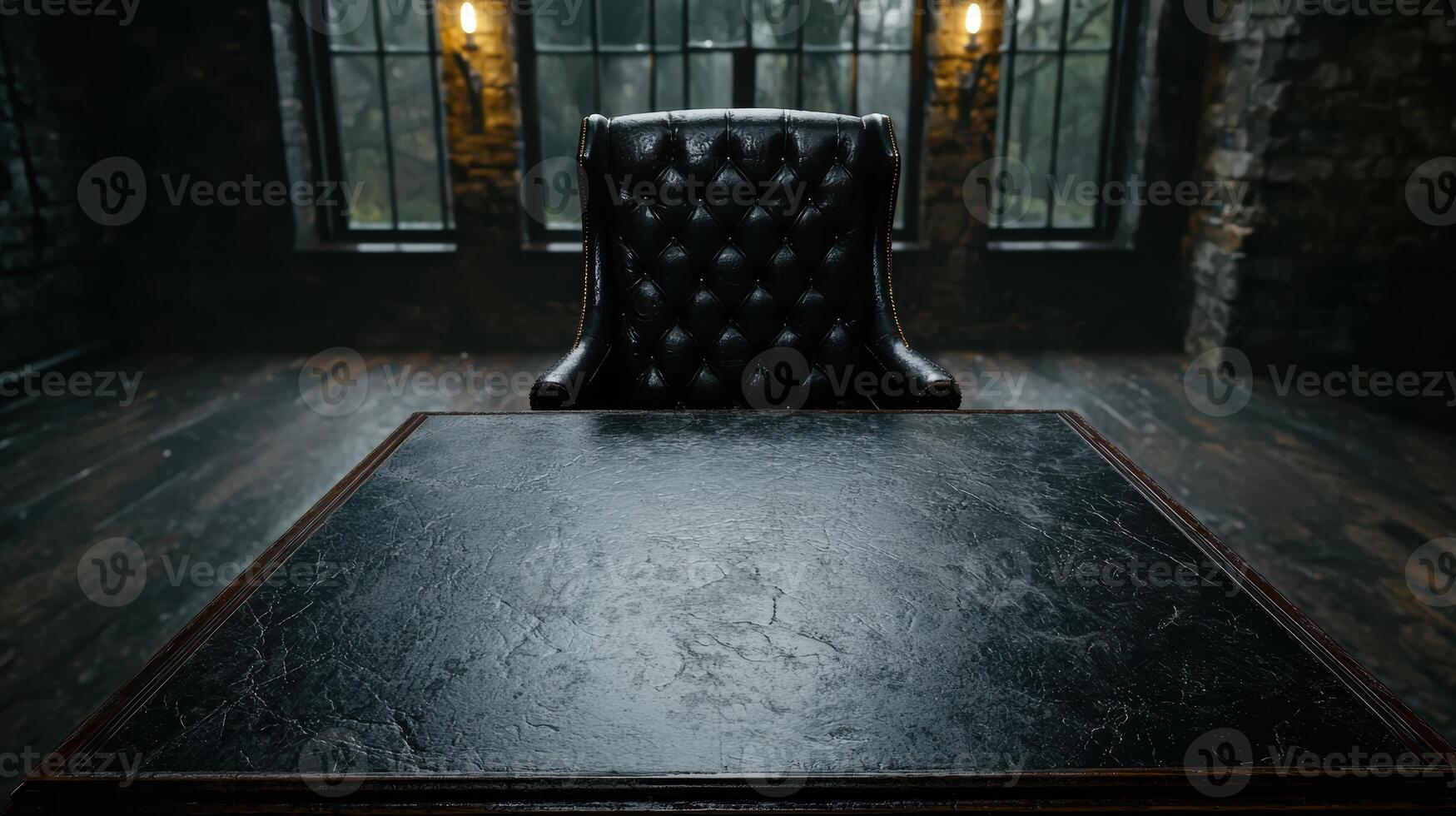 Elegant black leather armchair in front of large windows photo