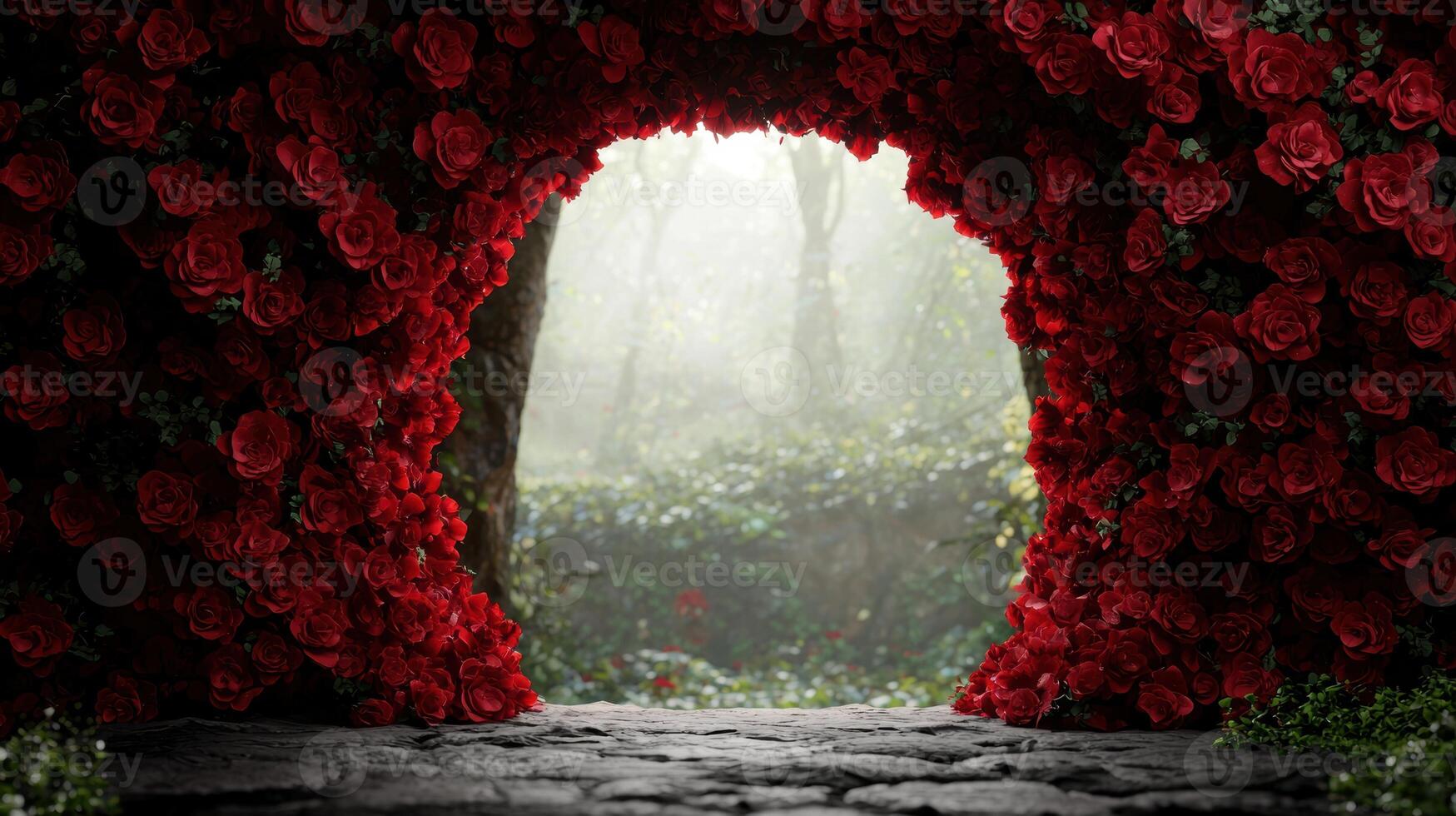 Enchanting rose framed pathway leading to a misty forest photo