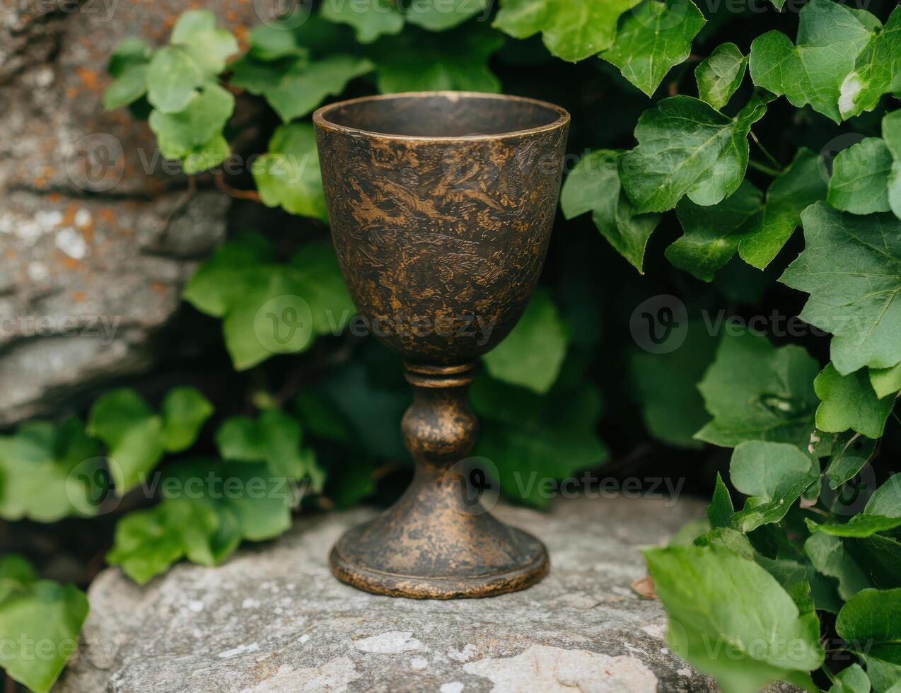 Antique chalice on stone with ivy photo