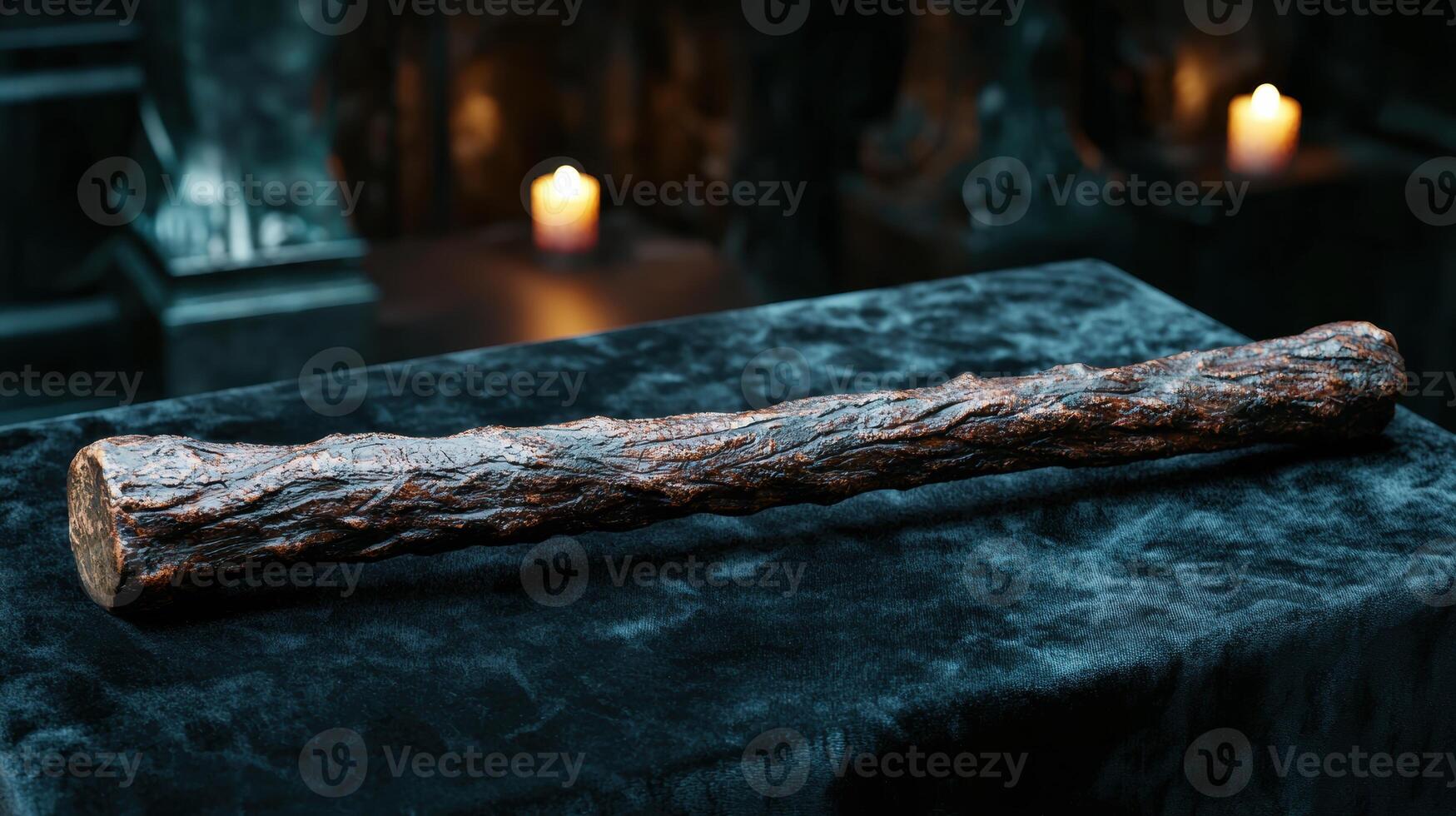 Weathered wooden log on dark fabric with candles photo