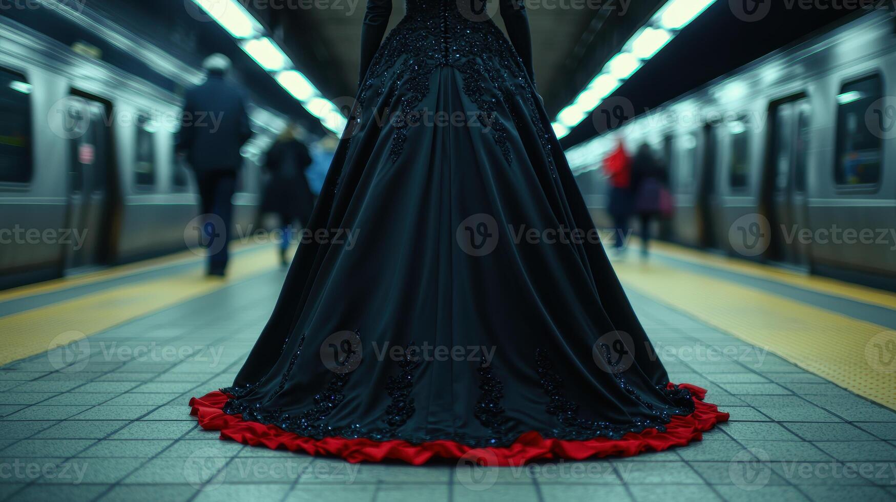 Elegant black ballgown with red accents in subway station photo