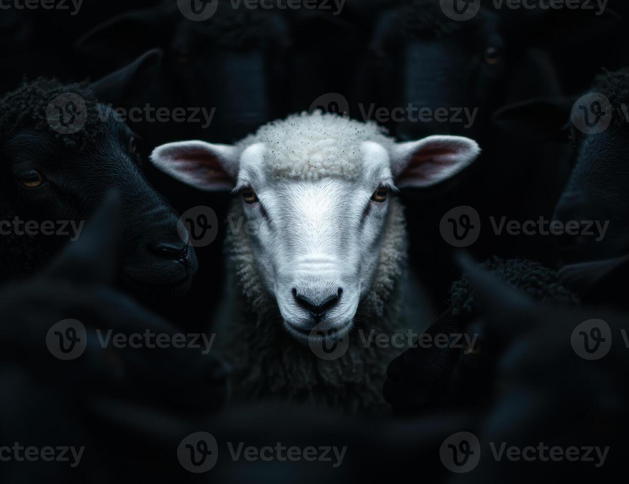 Closeup portrait of a white sheep with black sheep in the background photo