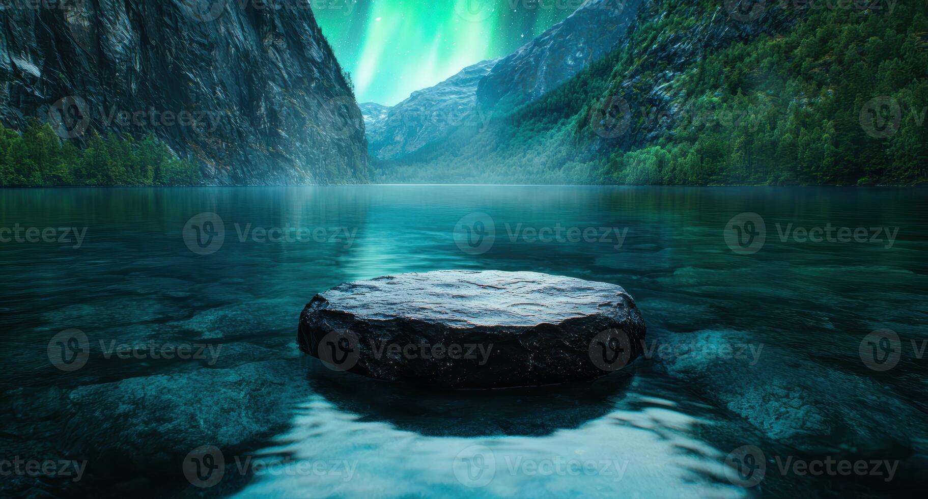 Serene mountain lake with aurora borealis photo
