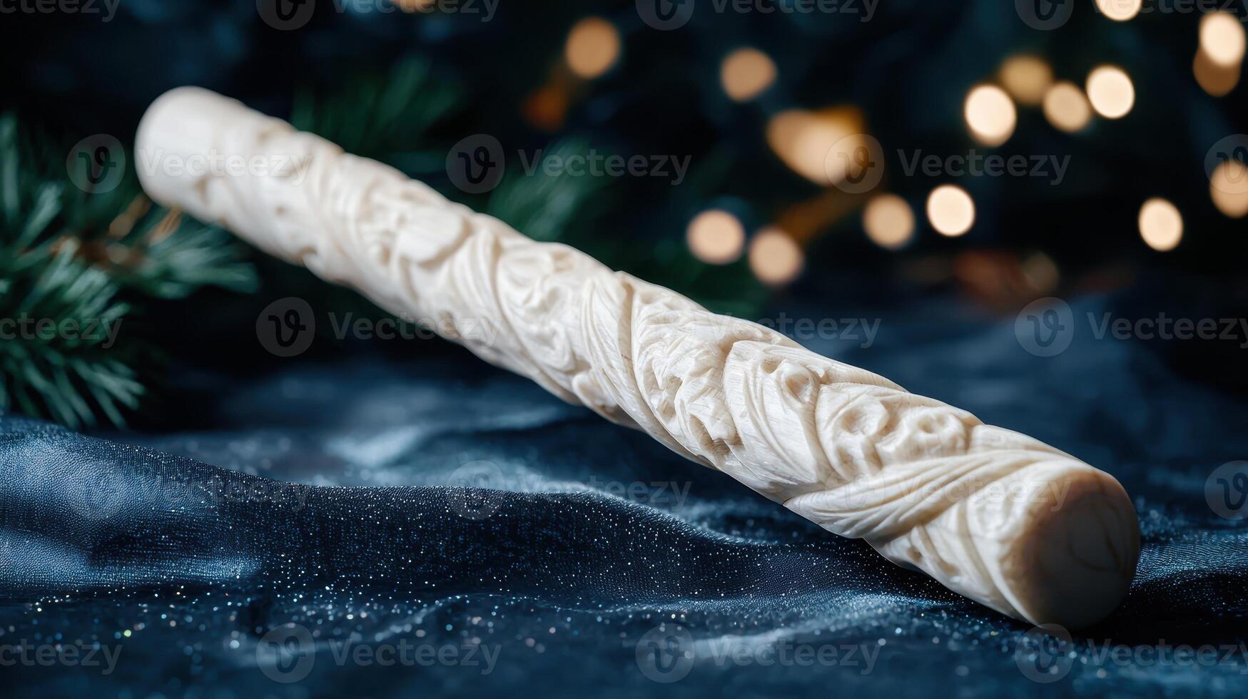 Carved ivory tusk on dark background with bokeh lights photo