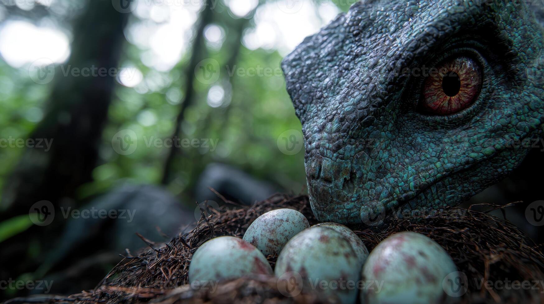 close up of a colorful chameleon guarding its nest of eggs photo