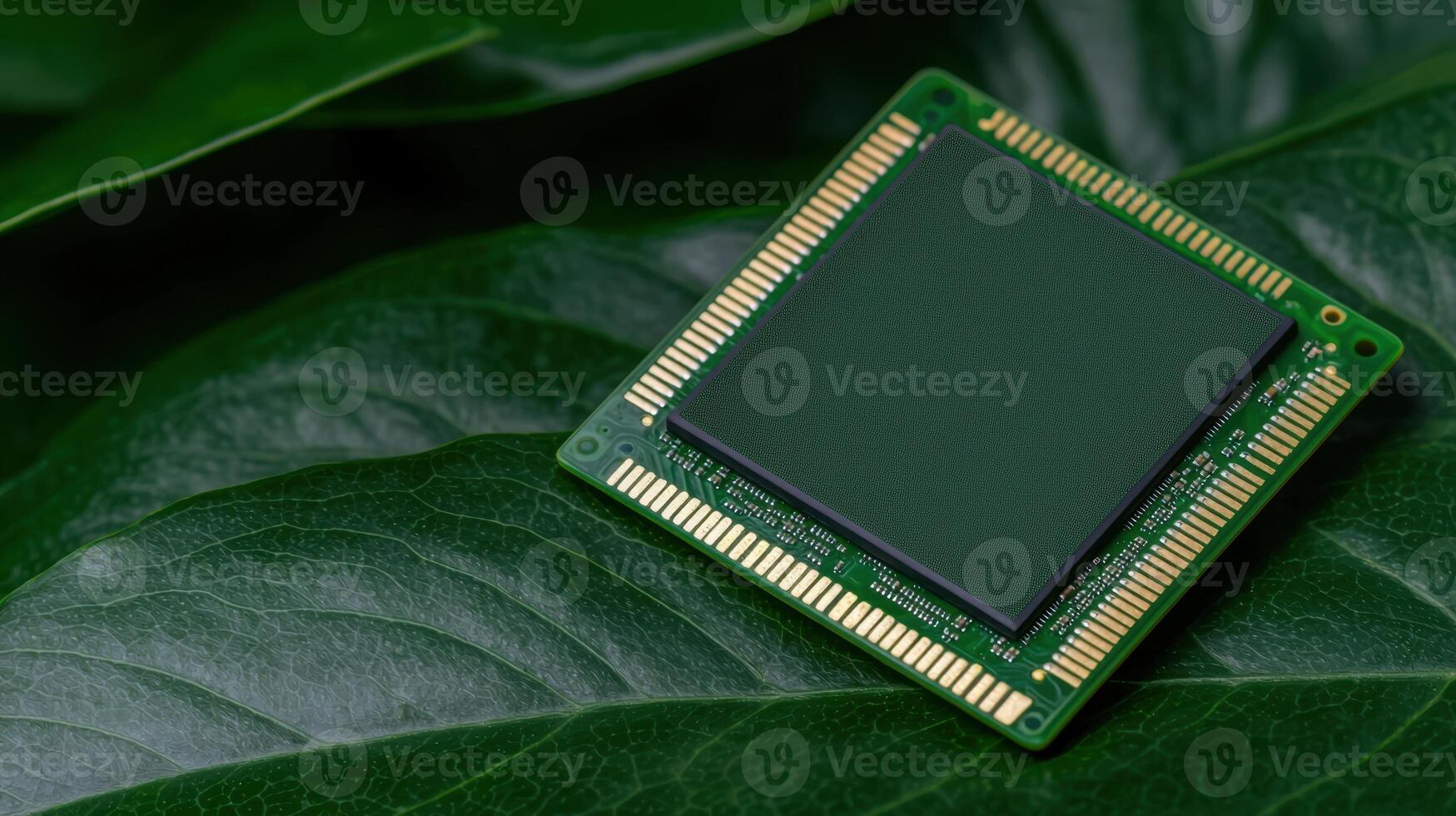Close up of a computer memory chip on green leaves photo