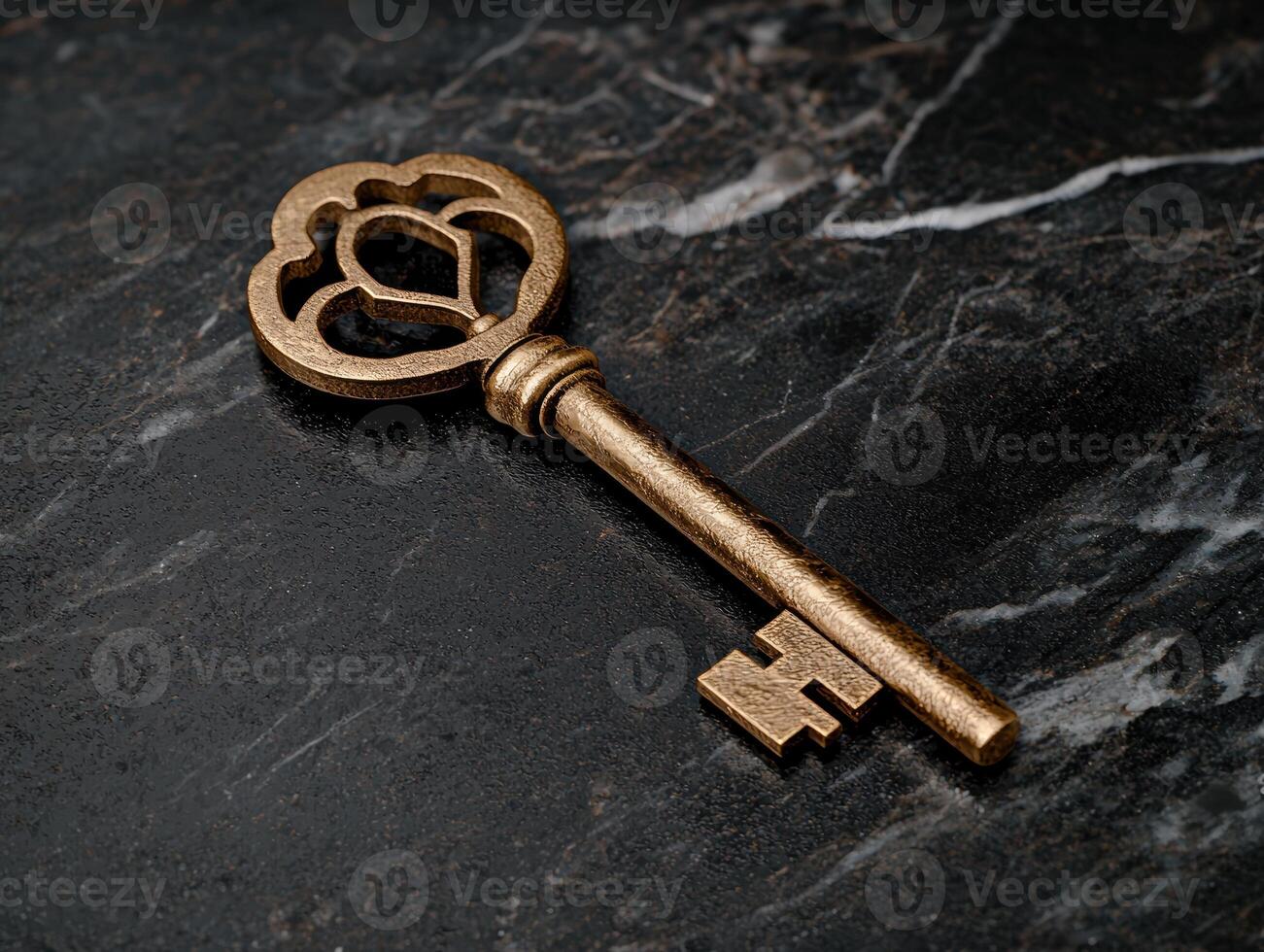 Ornate golden key on dark marble background photo