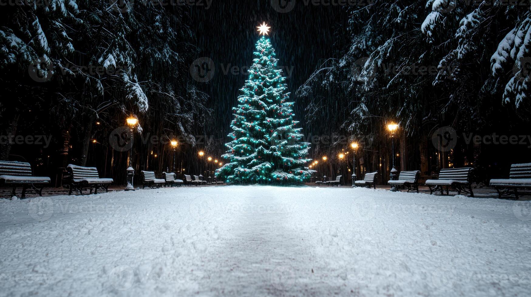 Illuminated christmas tree in snowy park at night photo