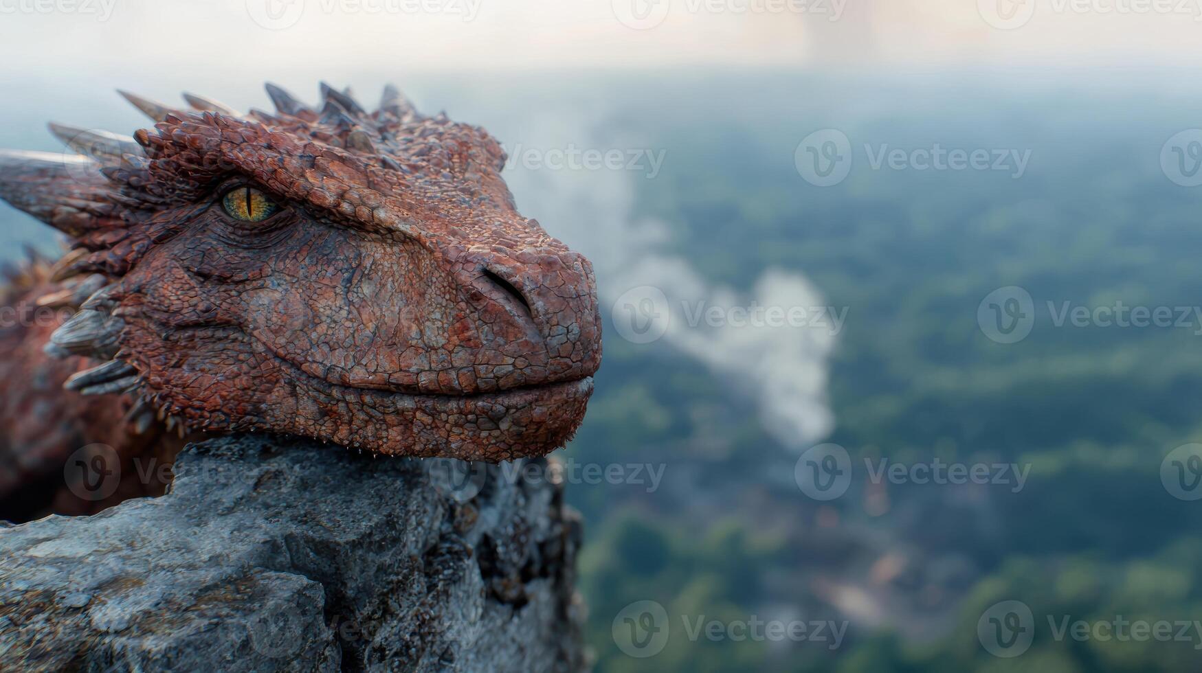 Closeup of a rugged dragon like creature on a rocky cliff photo