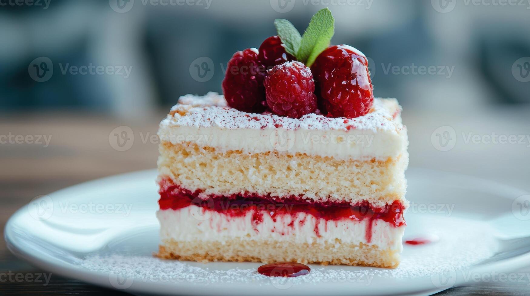 Delicious raspberry cake with powdered sugar photo