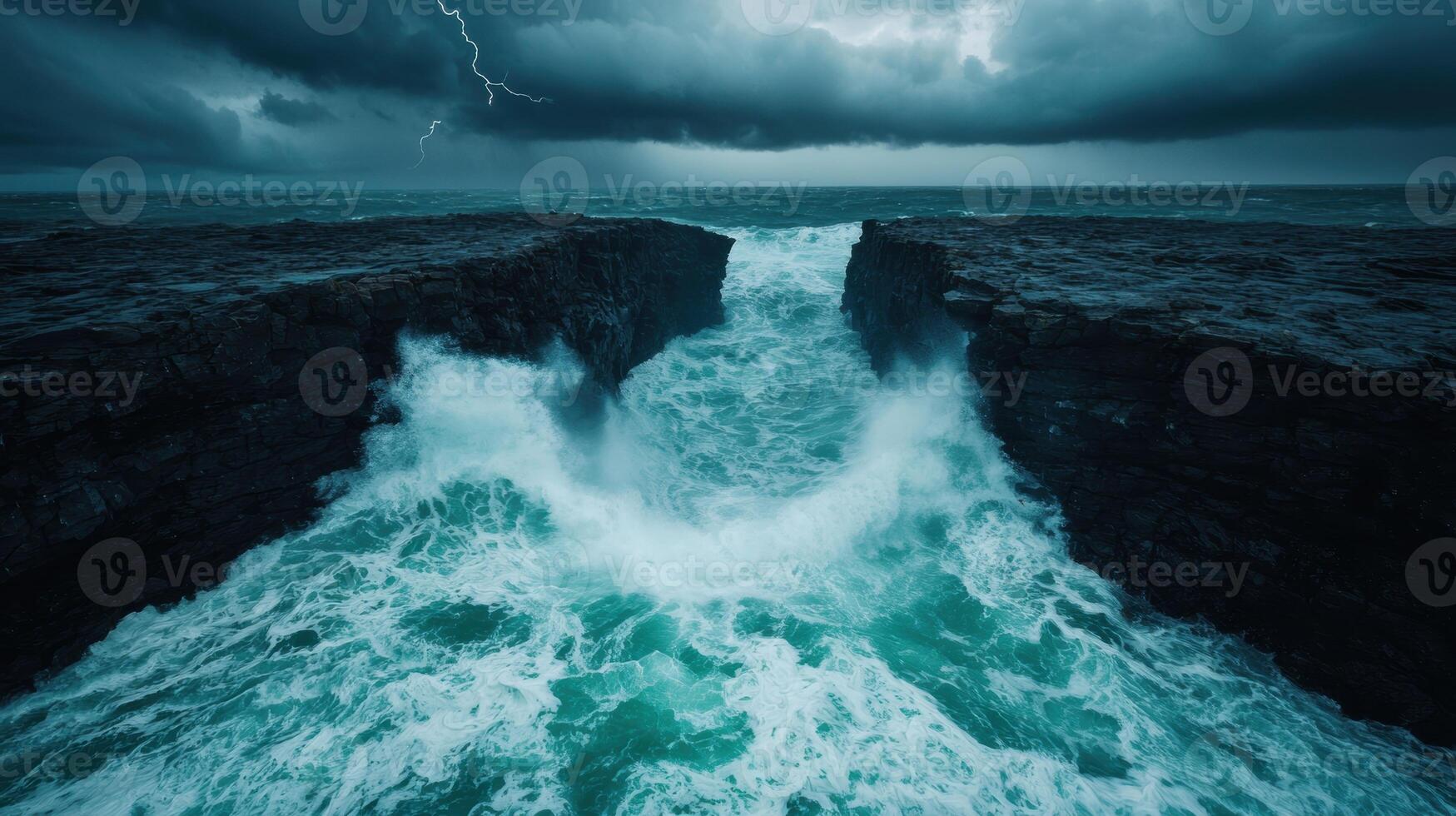 Dramatic storm over rocky coastline photo