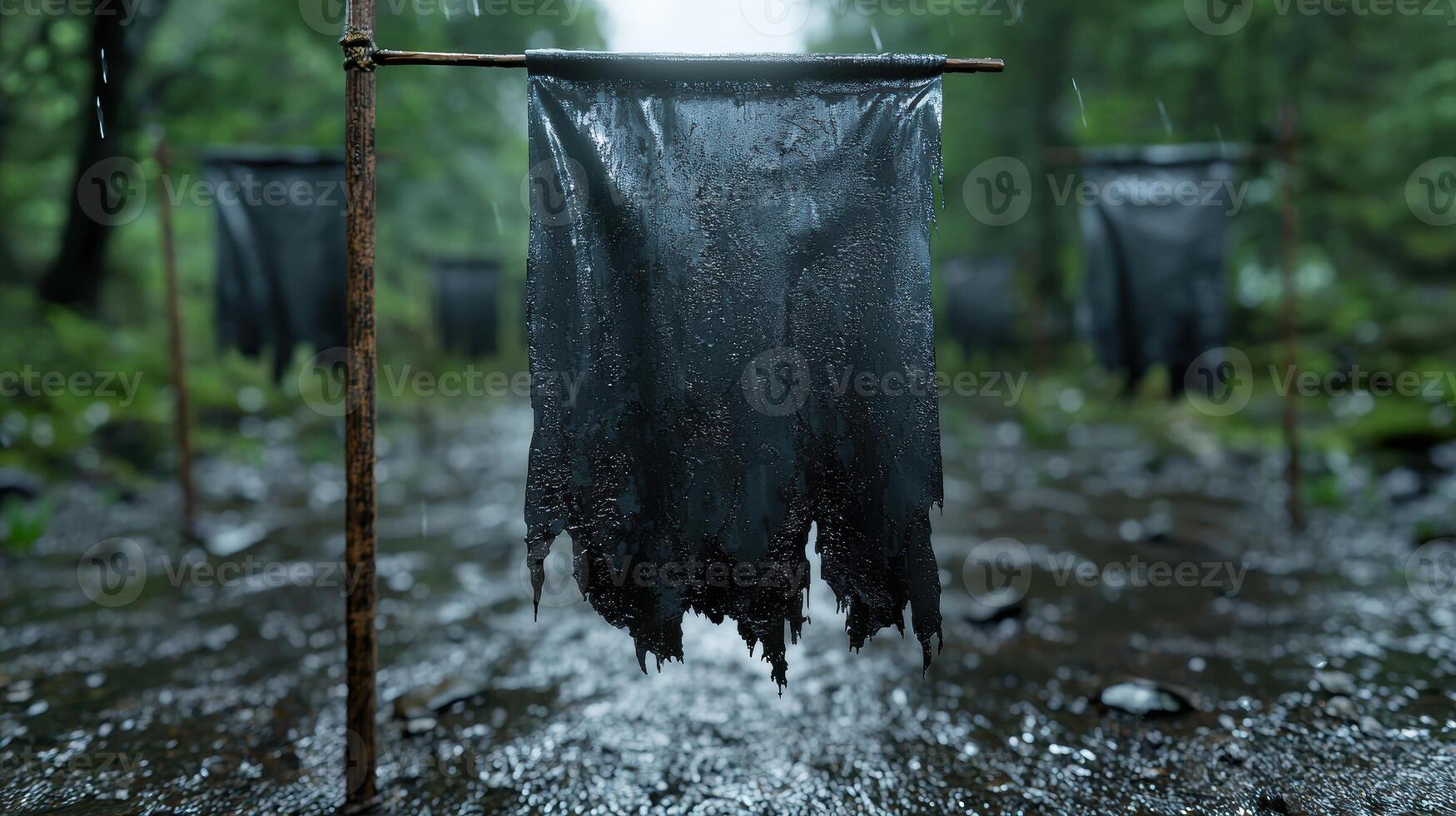 Wet black tarp hanging in the rain photo