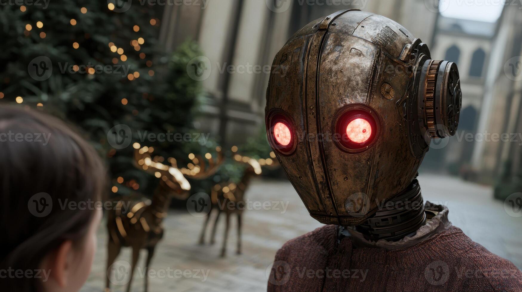Mysterious robot figure in front of christmas tree photo