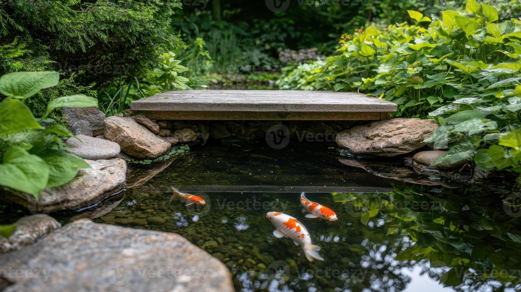 Tranquil garden pond with koi fish photo