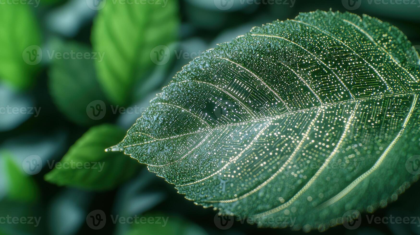 Macro shot of a wet green leaf with intricate patterns photo