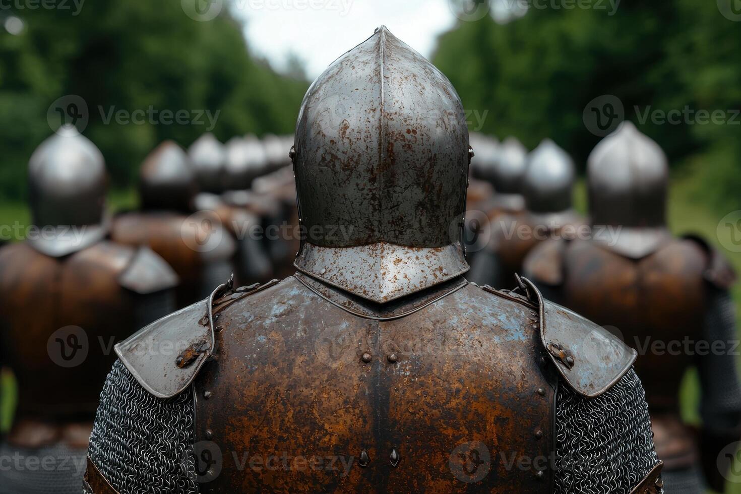 Rusty medieval knights armor in a forest setting photo