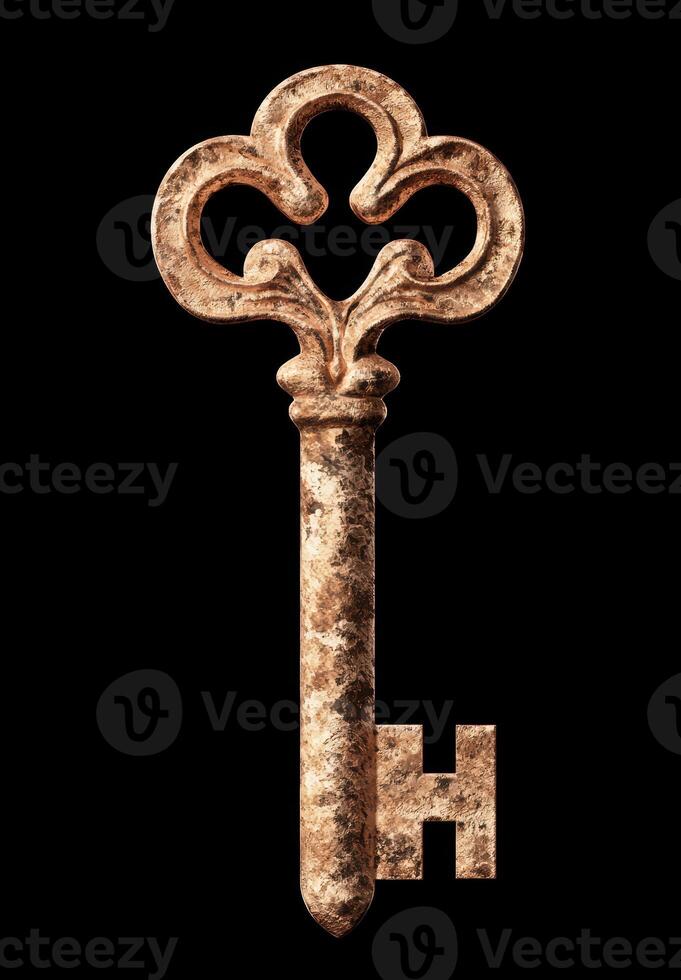 Antique ornate key on black background photo