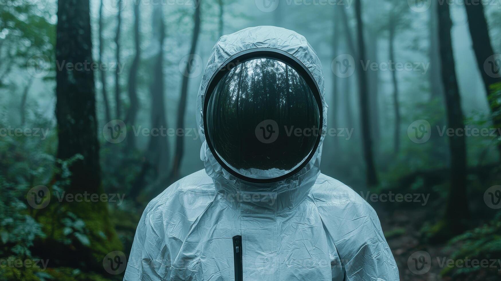 Mysterious figure in a white protective suit exploring a dark forest photo