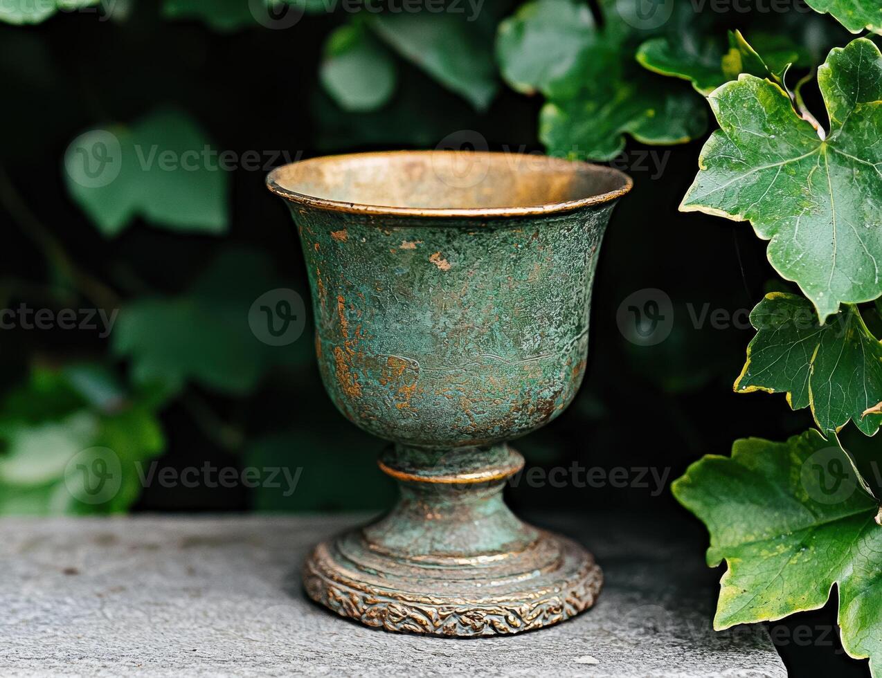 Antique bronze cup with ivy leaves photo