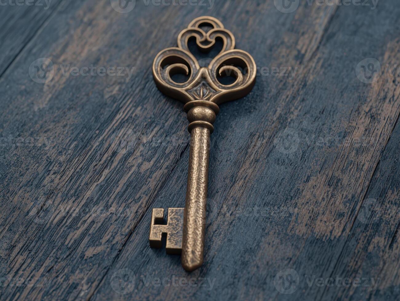Ornate vintage key on wooden surface photo
