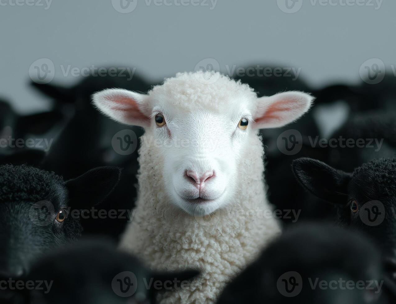 Closeup of a fluffy white sheep among black sheep photo