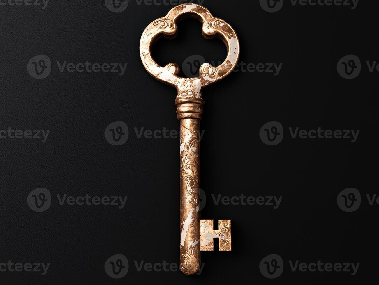 Ornate antique key on black background photo