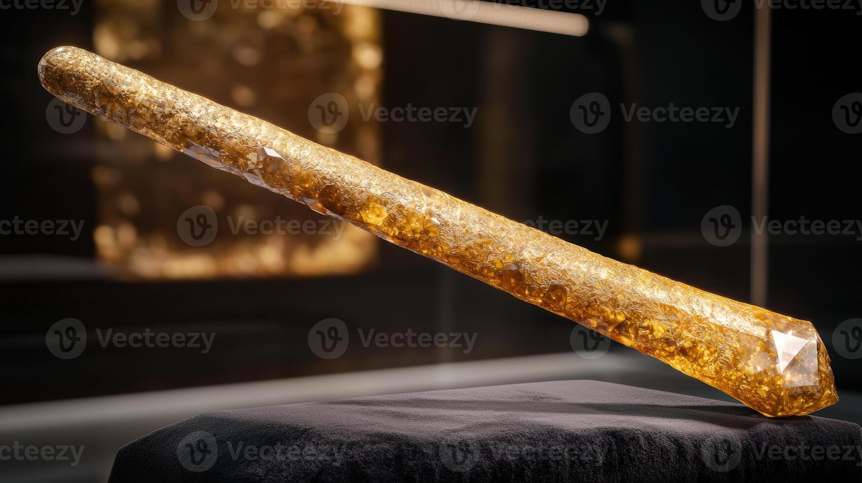 Glowing golden crystal on dark background photo