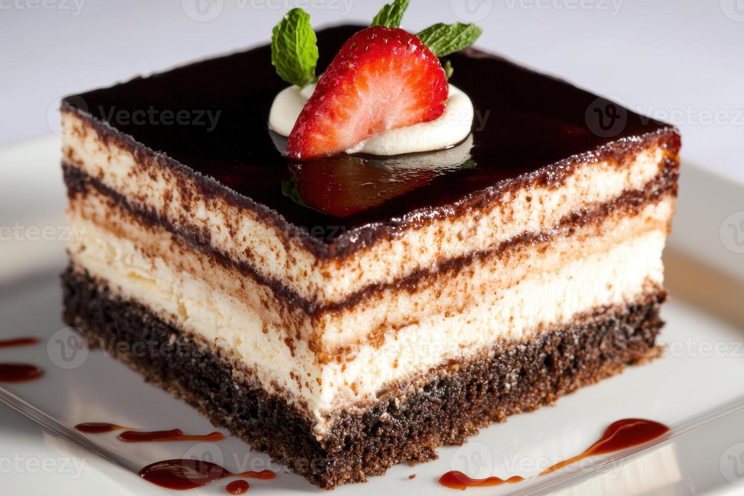 Delicious chocolate layered cake with fresh strawberry photo