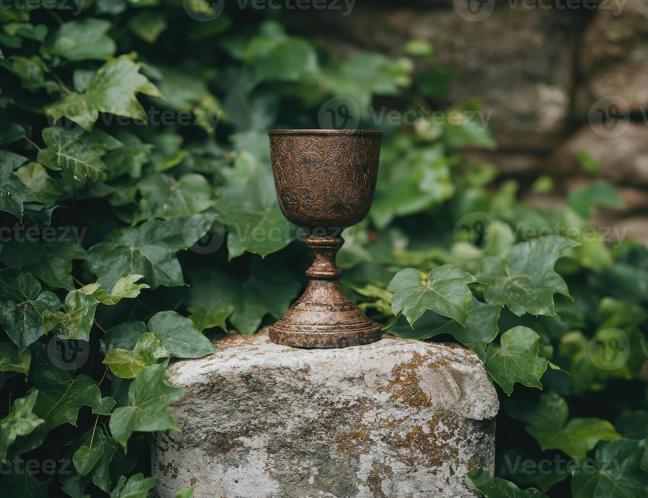 Ornate chalice in lush garden photo