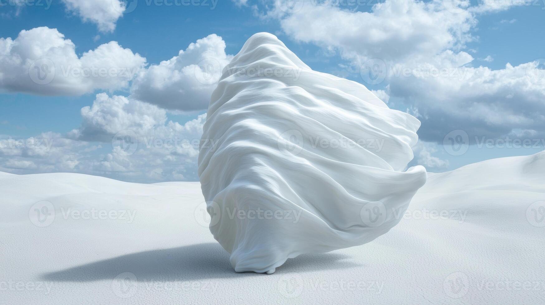 Flowing white fabric sculpture in snowy landscape photo
