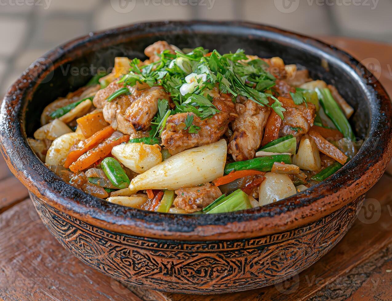 Delicious stir fried meat and vegetables in a rustic bowl photo