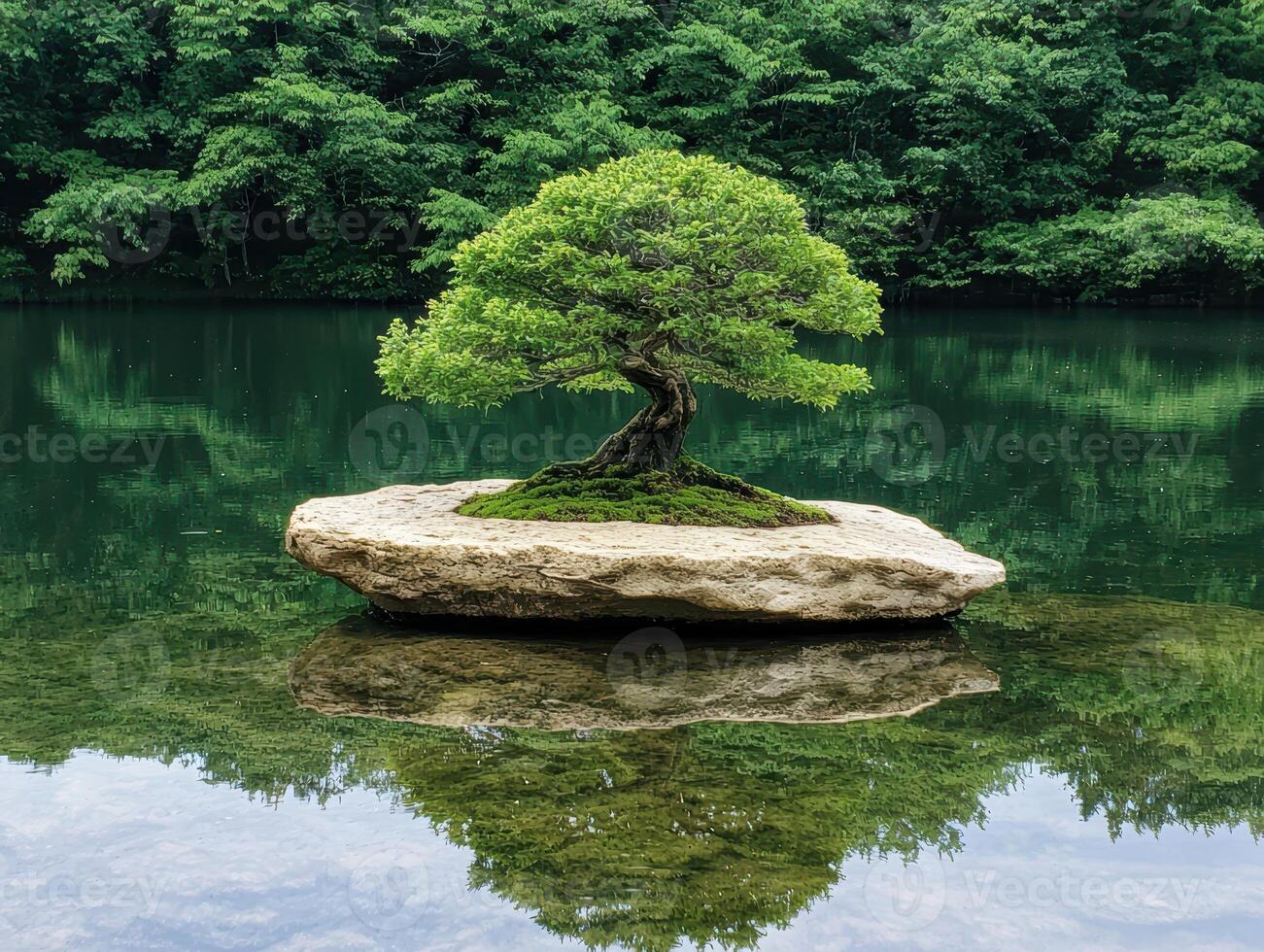 Serene bonsai tree floating on a tranquil pond photo